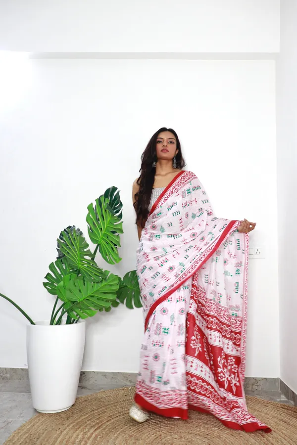 HANDICRAFT_WOMEN'S_Ikkat_PRINT_PURE_SOFT_COTTON_SAREE_WITH_BLOUSE_PIECE_With_Blouse_Piece